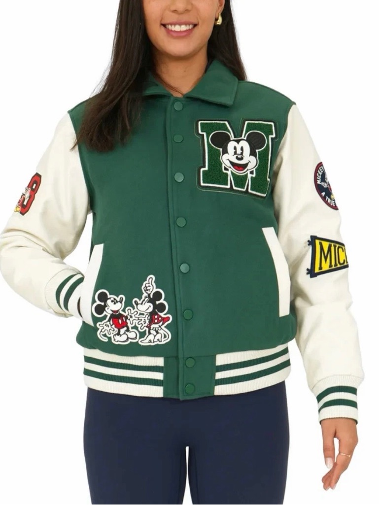 Disney Green And White Mickey Varsity Bomber Jacket